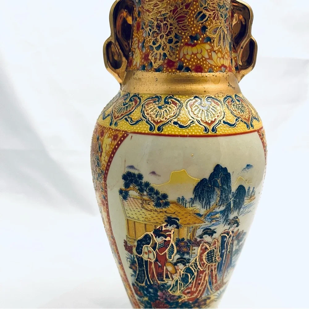 Japanese Satsuma-Style Porcelain Vase, Peacock with Moriage, Vintage EUC